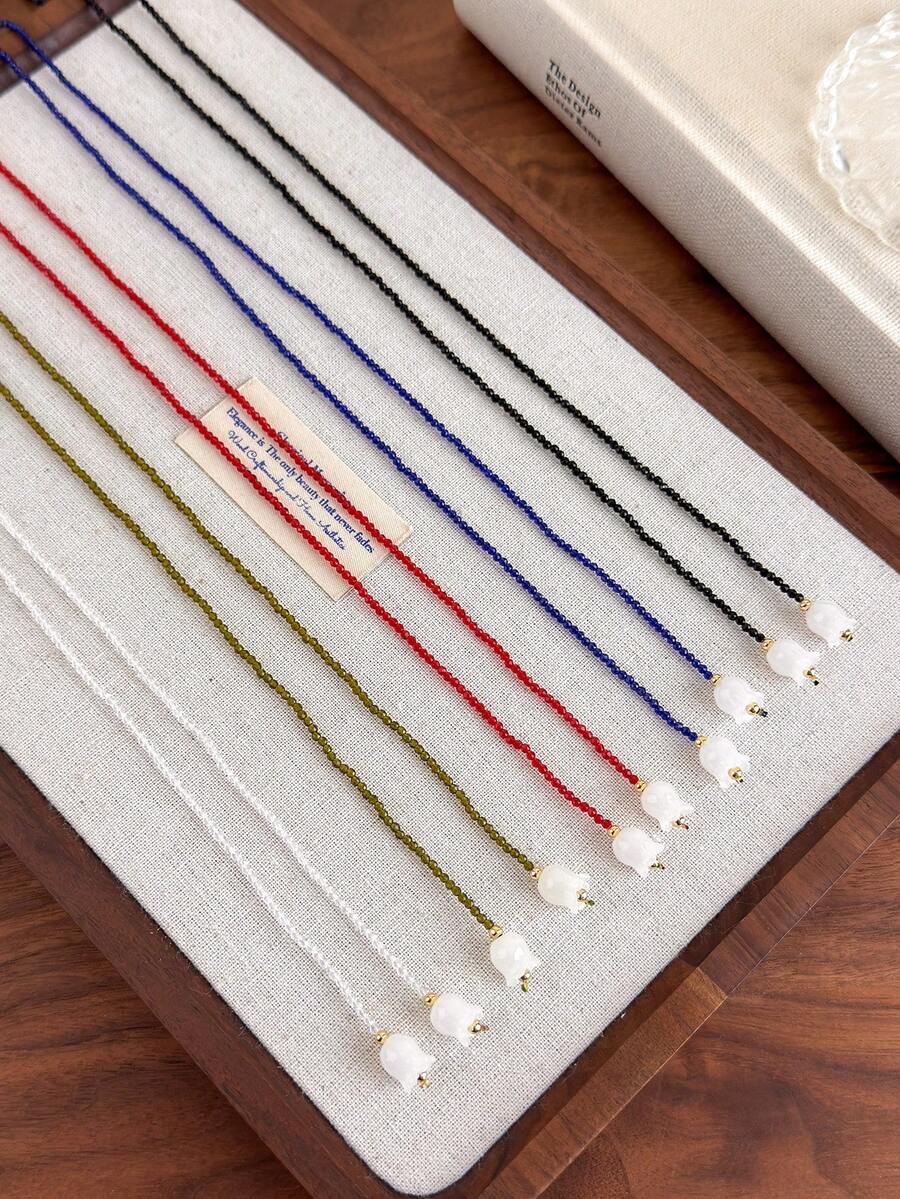 1pc Versatile Lily Of The Valley, Olive Green Crystal Wrap Around Double Layer Necklace - Necklace - View 1