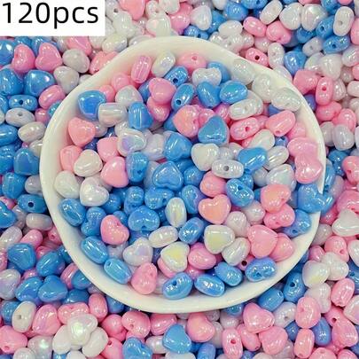 120pcs 0.8 * 1cm Acrylic Pearl Rainbow Light AB Color Heart-Shaped Main Beads, DIY Bead Jewelry Making Mixed Color Bead Spacing Beads Decorative Beads Jewelry Accessories Beads Pink White Blue Can Be Used As Couple Bracelets, Small Gifts