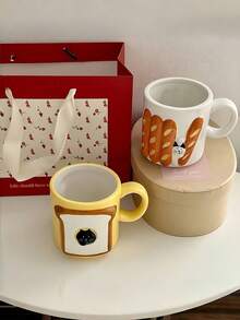 1pc Korean Ins Style Ceramic Mug, Cute Baguette Toast Cat Cup, Couple Breakfast Cup, Water/Milk/Coffee Cup