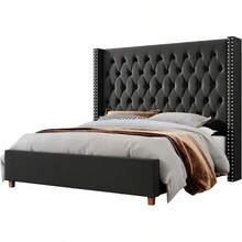 Luxury Velvet Wingback Bed Frame With 61.4" Tall Button Tufted Headboard - Platform, Solid Wood Legs, Modern Glam, Black - màu đen - Xem 11