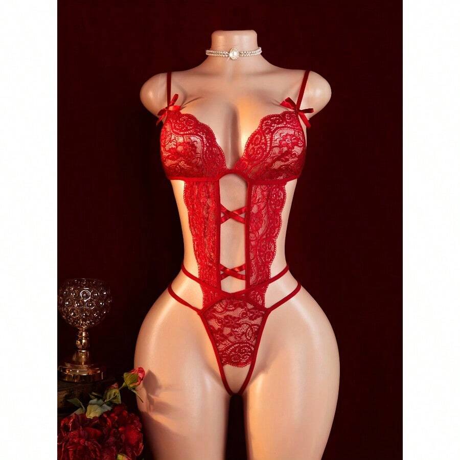 Y Hollow Out Deep V-Back Buckle Jumpsuit, Erotic Clothing, Jumpsuit Sleepwear With Open Crotch And Exposed Breasts, Women's Clothing In Three Colors, Optional Bow Decoration, Adjustable Shoulder Straps, Clothing - 黑色 - 查看 1