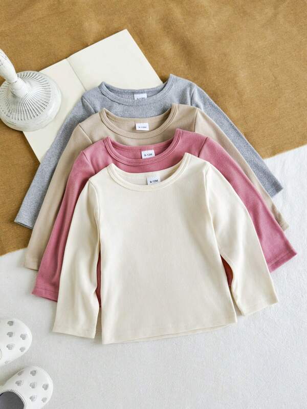 4pcs Baby Girls' Solid Color Long Sleeve Top Set, Cute Autumn/Winter
