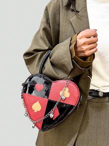 BAILEE Fashionable Personalized Fun Poker Heart Color Blocked PU Leather Three-Dimensional Zipper Style With Chain Decoration Women's Handbag Perfect For College&Work&Commute&Outdoors&Travel&Outings&Shopping&Gifts To Friends