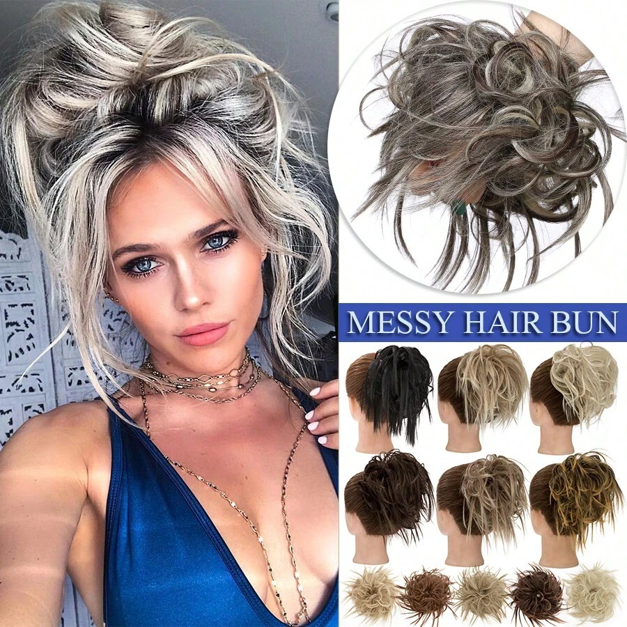 Natural Soft Messy Bun Hair Extensions X-Large Scrunchie Updo Cover Hair Elastic Band Wrap On Ponytail Hair Extensions Synthetic Straight Tousled Chignon Bleach Blonde Highlight Ombre Color Hairpiece Pony Tail Hair Piece For Women Halloween Party Daily Wedding - 彩色 - 查看 1