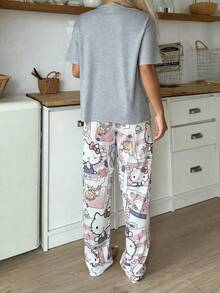 Sanrio 2pcs Hello Kitty Women Printed Short Sleeve Top + Elastic Waist Pants Cute Pajama Set