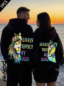 1PC Men's & Women's Matching Couple's Hooded Sweater  - ALWAYS PROTECT MY QUEEN / ALWAYS TRUST MY KING Loose Fit Long Sleeve Pullover With Pockets, Cozy Casual Winter Sweater For Couples, Machine Washable Matching Outfits For Valentine's Day Gifts - 女款黑色 - 查看 1