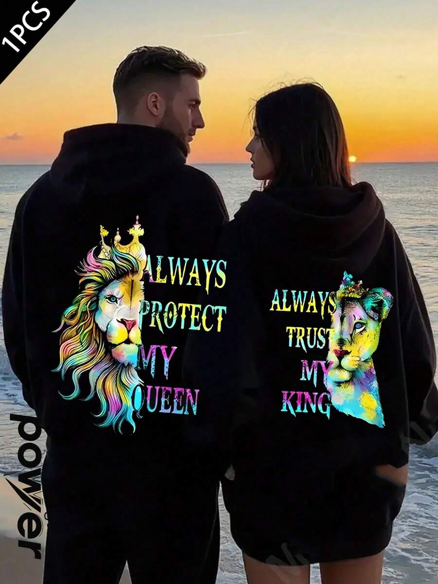 1PC Men's & Women's Matching Couple's Hooded Sweater - ALWAYS PROTECT MY QUEEN / ALWAYS TRUST MY KING Loose Fit Long Sleeve Pullover With Pockets, Cozy Casual Winter Sweater For Couples, Machine Washable Matching Outfits For Valentine's Day Gifts - 女款黑色 - 查看 1
