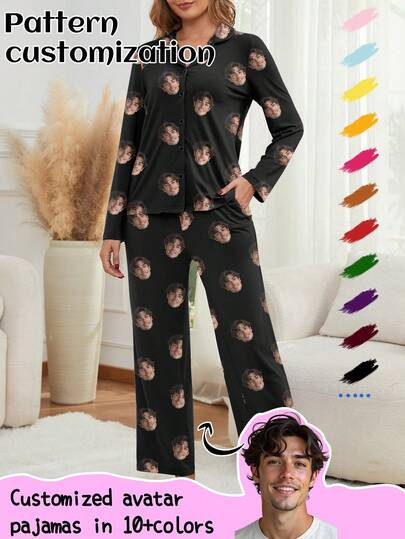 Anpassat pyjamasset för kvinnor, personligt med husdjur/karaktär/porträtt, jul-/bästispresent, vinter