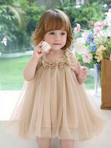 Baby Girls 3D Floral Strap Tulle Party Dress, Elegant Princess Dress Suitable For Girls, Babies, 1st Birthday, Gift, Banquet, Wedding Flower Girl, All Season