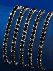 5 Sparkling Rhinestone Elastic Bracelets, Suitable For Gift Giving Jewelry, Ladies' Party And Dinner Themed Bracelet Set - 黑色 - 查看 5