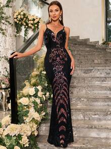 女士细肩带露背亮片花卉图案鸡尾酒会连衣裙 - 黑色 - 查看 5