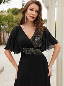 女式 V 领露背荷叶边袖交叉褶饰亮片拼接雪纺派对连衣裙 - 黑色 - 查看 4