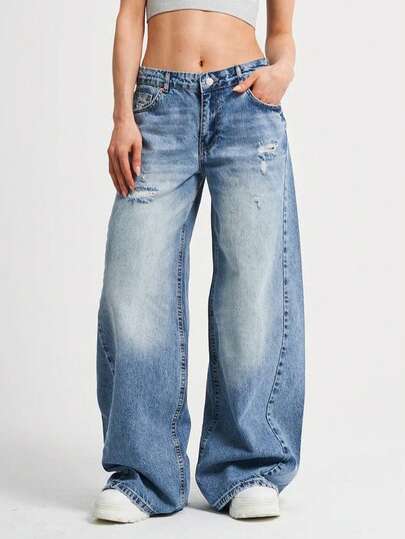 Jeans casuales de cintura baja y elástica, pierna recta, sueltos y rotos, de color azul, para uso en resorts y Halloween, para mujeres