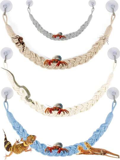 Handmade Woven Climbing Toy For Hermit Crabs, Curtain Rope Hooks, Knitted Woven Pieces, Hermit Crab Climbing Rope, Climbing Animal Rope With Hooks And Suction Cups, Suitable For Hermit Crab Ladder, Hermit Crab Habitat Decor, Lizard, Gecko, Snake, Tree Frog