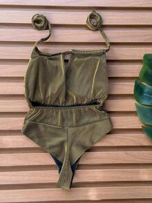 Bodysuit Swimsuit With Elegant Neckline Casual Backless Knot Tie Holiday Beach - 金色(配黑色) - 查看 7