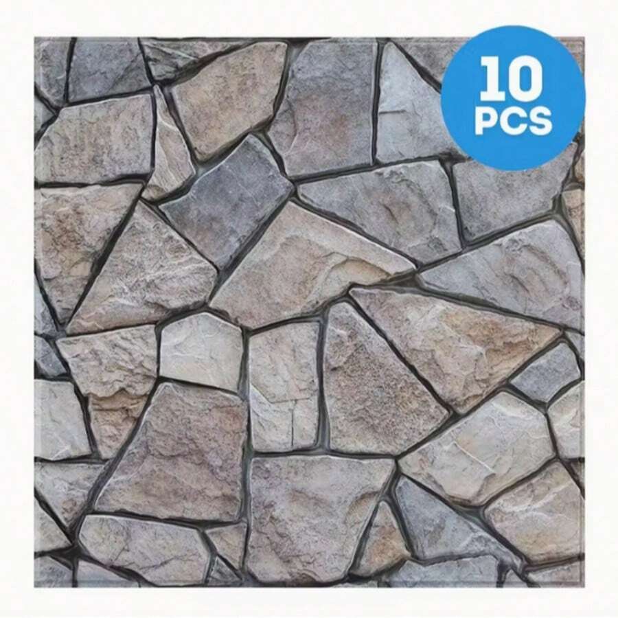 10pcs, 3D PVC Stone Wall Stickers, Self-Adhesive Waterproof Foam, Faux Stone Paneling, Rectangular, Matte Finish, Rustic Style, Ceramic Surface, Geometric Pattern, Multi-Surface Installation, Reusable, Home Decor For Bedroom, Bathroom, Kitchen, Fireplace - Multicolor - View 1