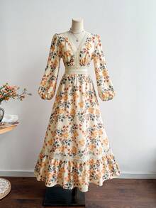 Rusttydustty 波西米亚风女式印花撞色蕾丝V领长袖优雅连衣裙，适合音乐节、斋月及其他场合，春假期间穿着。 - 杏色 - 查看 9