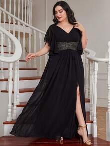 UNITHORSE Plus Size Bridesmaid Dress With Sequin Waist, Ruffle Hem And Side Slit, Chiffon - Black - View 6