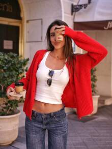 FOR BEAUTY 女士酒红色圆领长袖针织衫，休闲通勤套头衫，时尚优雅简约柔软开衫，百搭外套，适合日常穿着，情人节礼物 - 紅色 - 查看 3