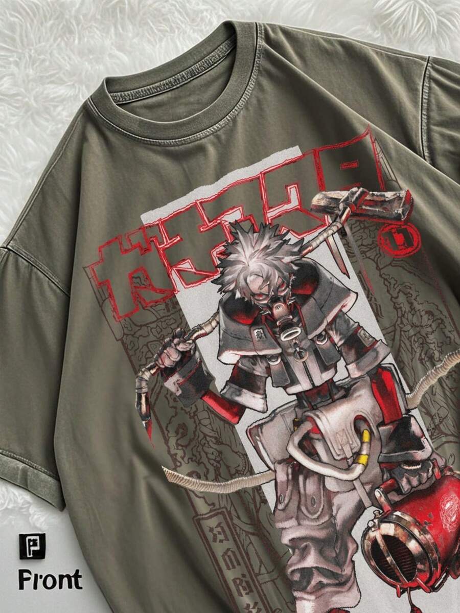Washed Cotton Men's T-Shirt - Gachiakuta "Ludo Battle Mode" Retro Anime Comic Acid-Washed Heavy Cotton Short-Sleeved, Graphic T-Shirt, Anime Fan Gift, Men's Clothing, Street Style Tops,  Wear, Local Warehouse - 軍綠色 - 查看 1