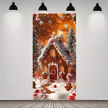 1pc 2D Doorway Flag, Holiday Gingerbread House Door Cover, Polyester Fiber Entrance Decor With Candy Cane And Gingerbread Man Pattern, Suitable For Christmas, Thanksgiving, New Year, Winter