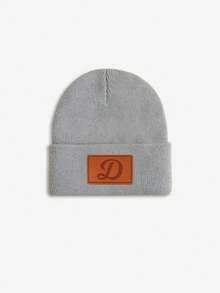 1pc Baby Leather Patch Vintage Letter Decor Grey Beanie, Choose From 26 Letters, Soft & Comfortable Unisex Infant Autumn/Winter Warm Hat, Suitable For Holidays, Birthdays, Daily Wear - Grey - View 33