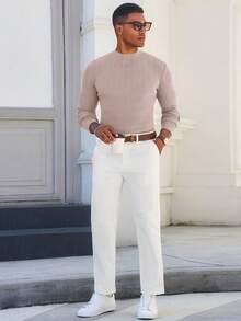 Men's Slim Fit Mock Turtleneck Sweater Casual Ribbed Knitted Pullover Basic Warm Wear For Fall/Winter - Màu be - Xem 3