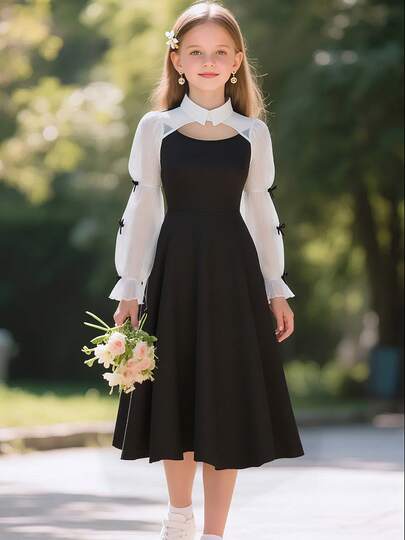 青少年服装，黑色派对连衣裙，优雅蓬松长袖合身A字收腰连衣裙，秋冬款式