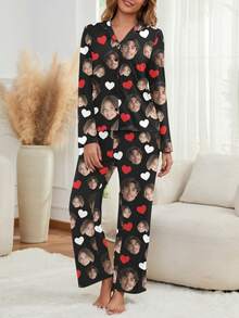 Customized Women Pajama Set, Personalized With Pet/Character/Portrait, Holiday/Bestie Gift - Black - View 3