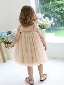 Baby Girls 3D Floral Strap Tulle Party Dress, Elegant Princess Dress Suitable For Girls, Babies, 1st Birthday, Gift, Banquet, Wedding Flower Girl, All Season