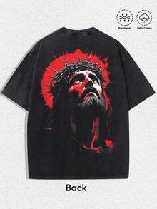 1 PCS Religious "Jesus With Crown Of Thorns & Red Cross" Graphic Tee: Featuring Distressed Vintage Finish, Front Bold Red Cross Print Adorned With Crown Of Thorns, Back Artistic Portrait Of Jesus Wearing Crown Of Thorns With Dramatic Red Accents, Crafted From Breathable 100% Cotton, Perfect For Infusing Spiritual & Nostalgic Vibes Into Outfits During Easter Celebrations, Church Events, Or Daily Wear, Men's Round Neck Printed Short Sleeve Casual Everyday T-Shirt, They Are Excellent Gifts For Friends And Family, 100% Cotton T-Shirts Feature, A Youthful And Fashionable Design, Graphic Tees Men, Graphic Tees Women, Cachorro Feliz, Back To School - 黑色 - 查看 3