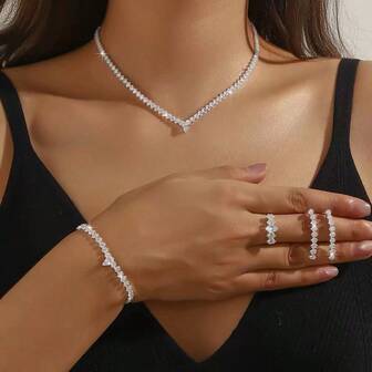1 Set Elegant Cubic Zirconia Embedded V-Shaped Necklace, Earrings, Ring And Bracelet, Suitable For Women To Wear At Weddings, Banquets And Parties