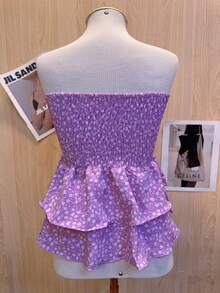 Women's Cropped Printed Blouse With Ruffle - Purple - View 2