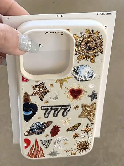 1 pieza Funda de teléfono a prueba de golpes con cobertura total de TPU con bordado de perla blanca y patrón de estrella y número 7, compatible con Apple 16, 15, 14, 13, 12, 11 Pro Max, Series