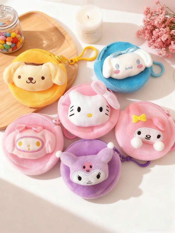 Sanrio 1/5 Pcs Sanrio Characters Plush Round Coin Purses Set, Kawaii Hello Kitty/Cinnamoroll/My Melody/Kuromi/Pompompurin Plush Pouches, Cute Portable Storage Bags & Cosmetic Organizers For Girls, Fans & Kids, Ideal For Daily Essentials, Travel & Gifting,Christmas Gifts,Pouch,Travel,Gifts For Women,Women's Necessaire,Travel Essential,Pouch,Clutch / Small Handbag,Necessaire,Makeup Organizer,Makeup Organize,Pouch,Brush Holder,Mini Pouch,Large Capacity Pouch