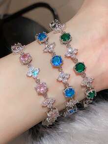 1 pieza Pulsera de cobre con circonita cúbica de trébol de cuatro hojas de colores, estilo de moda Dopamina, elegante pulsera de cadena para uso diario de las mujeres, regalo