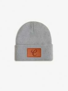 1pc Baby Leather Patch Vintage Letter Decor Grey Beanie, Choose From 26 Letters, Soft & Comfortable Unisex Infant Autumn/Winter Warm Hat, Suitable For Holidays, Birthdays, Daily Wear - Grey - View 15