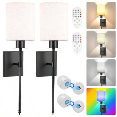 Battery Operated Wall Lights, Rechargeable LED Wall Lamp, Dimmable Wall Sconce Not Hardwired Fixture, USB Charging Bulbs With Remote, Modern Linen Lampshade Wall Light For Bedroom Hallway