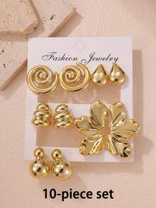 2-10 件/套时尚金花、泪珠、圆形、螺旋耳钉套装，适合女性度假、派对、日常佩戴 - 金色 - 查看 6