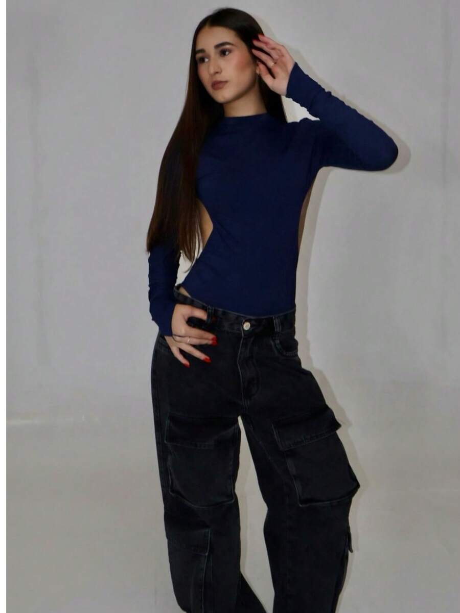 Women's Boddy With Open Back, Long Sleeves, Polyamide, Gringa Style - 藏蓝色 - 查看 1
