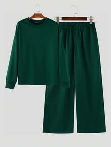 INCERUN Mens Round Neck Long Sleeve T-Shirt Tops Shirt Wide Leg Long Pants Trousers Spring Fall Casual Loose Plain 2PCS Sets Outfits - 墨綠色 - 查看 4