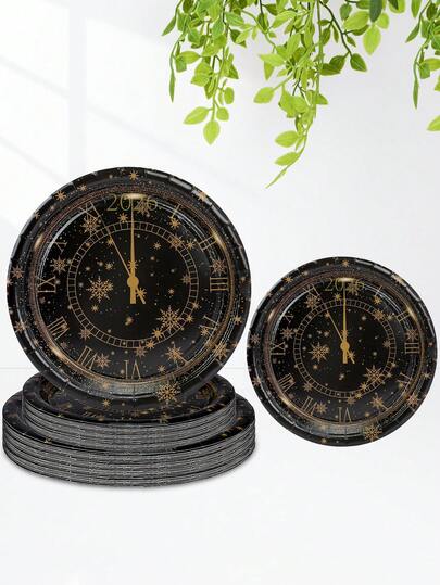 10 件/20 件/50 件黑色和金色 2026 新年快乐派对盘 9 英寸 7 英寸新年快乐和金色雪花圆形蛋糕甜点盘晚餐食物盘餐具小吃托盘新年前夜狂欢派对用品装饰品
