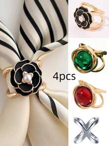 4件套丝巾夹，优雅时尚山茶花和仿珍珠丝巾夹，合金X形波西米亚风丝巾夹，服装配饰