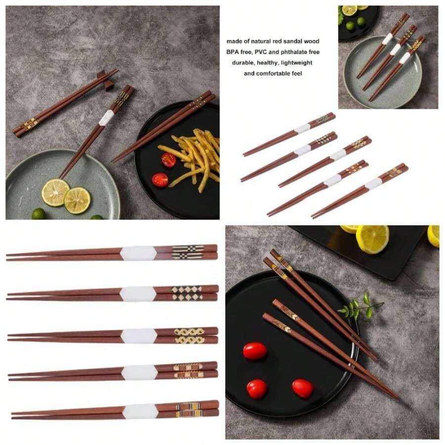 5 Pares de Palillos de Madera Chinos, Palillos de Sndalo Rojo con Patrn Acanalado, Palillos de Madera Reutilizables para Cocinar y Comer, Perfecto Regalo - Rojo - Ver 1