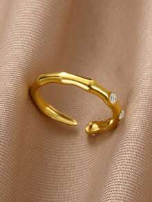 Anillos de acero inoxidable con junta de bambú para mujeres, anillo de dedo abierto chapado en oro de 18K con circonita cúbica, accesorios de joyería para fiestas de verano y vacaciones, regalos de Navidad para mejores amigas/mamá