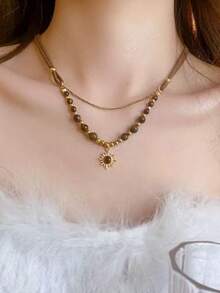 Collar con colgante de cuentas de piedra marrón vintage, con cadena de metal dorado de doble capa y múltiples cadenas, ideal para usar con suéteres en otoño e invierno, regalo de joyería para mujeres