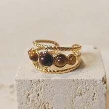 18k Gold Plated Stainless Steel Open Band Gold Crown Ring Tigerite Stone Ring For Women Vintage Twisted Rope Design Tiger Eye Ring Women's Jewellery Crystal Jewellery