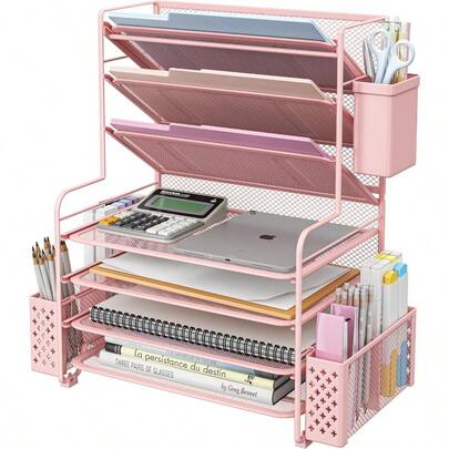 JIAWRI   Simple Trending 7 Tier Desk File Organizer Letter Tray Paper Organizer With Pen Holder And Metal Hanging Basket Pink  Zhang