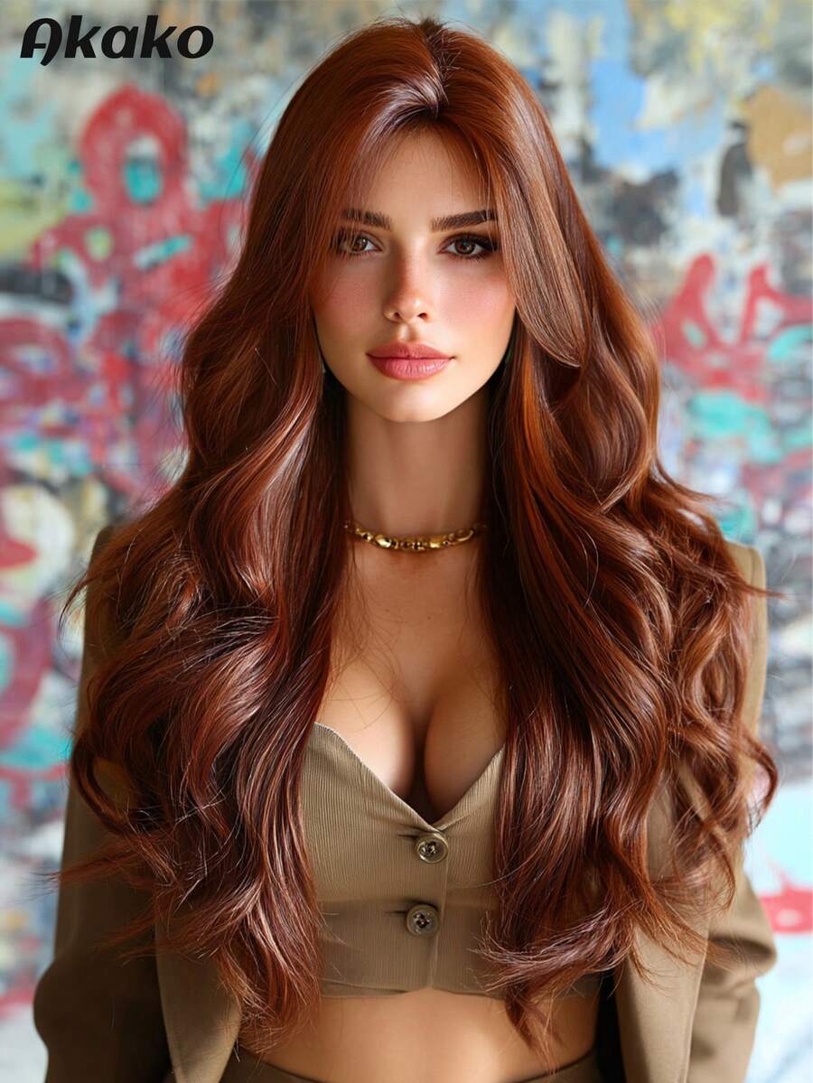 AKAKO 26 Inch Orange-Red Long Wavy Wig With Curtain Bangs, High Quality Heat-Resistant Fiber Synthetic Wave Curly Hair Wig, Gorgeous Goth Style Costume Wigs For Women Halloween Party Masquerade Ball,Music Festivals & Carnival Use - 橘色 - 查看 1