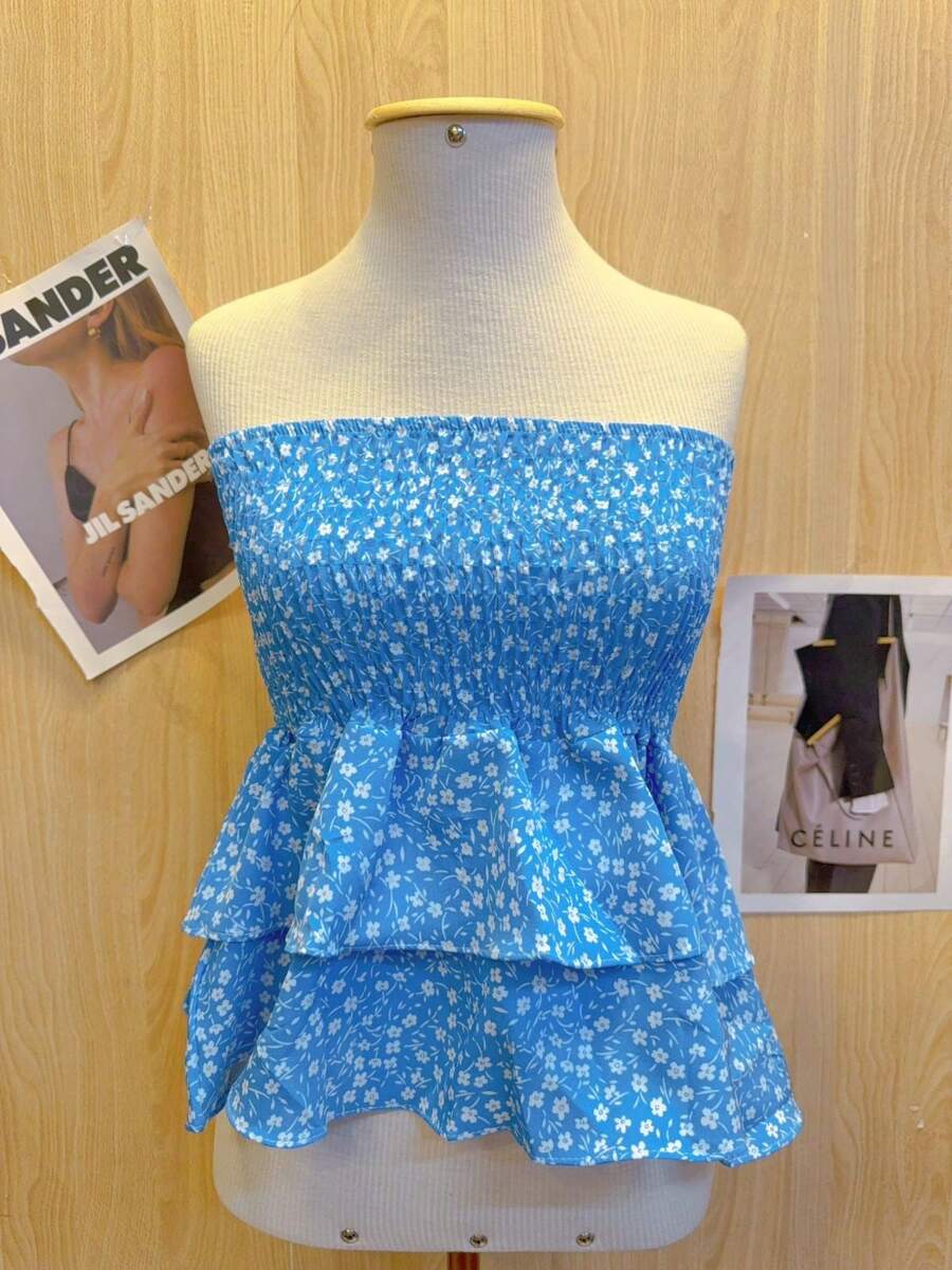 Cropped Top With Strapless Ruffled Print - الأزرق - مشاهدة 1
